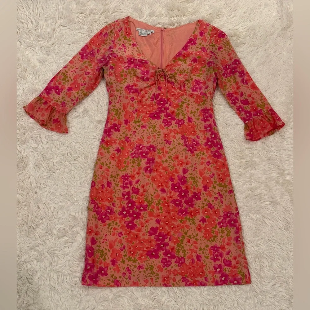 Vintage Maggy London 100% Silk Floral Midi Dress 4 Ruffle Tie Front Pink‎ Garden